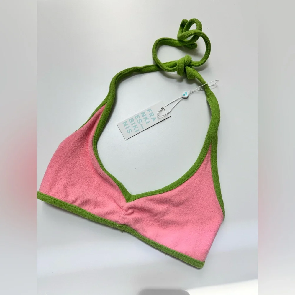 NWT Frankie's Bikinis Sawyer Terry Halter Bikini Top | Pink & Green | XS